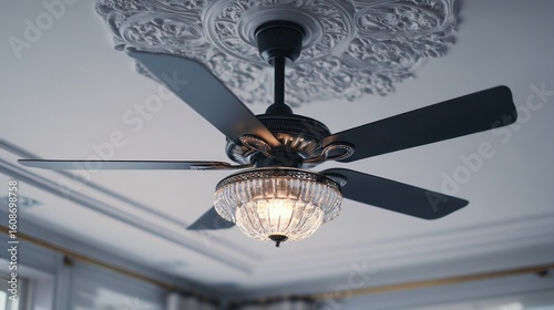 Elegant Crystal Ceiling Fan with Ornate Medallion