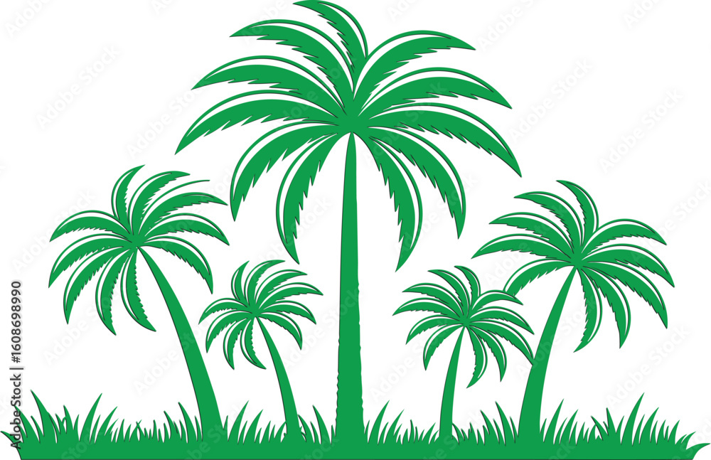 Fototapeta premium Five Green Palm Trees and Grass Illustration tropical