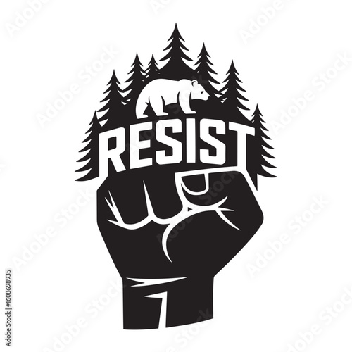 Bold resist fist graphic with forest and bear silhouette, representing unity and nature protection. Vector illustration design.