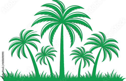 Five Green Palm Trees and Grass Illustration tropical