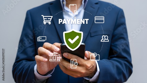 Secure online payment, Digital banking, Payment successful, Fintech solutions for seamless transactions and data protection, Online banking, Businessman authorizes an online payment via smartphone.