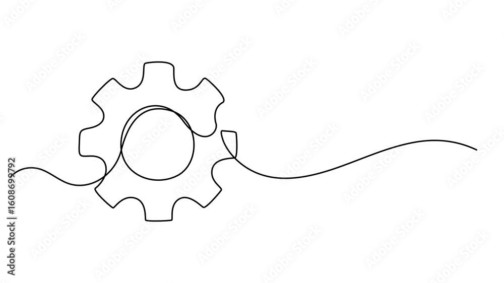 setting icon Technology animation continuous one line drawing, Gears wheel continuous line video. Round wheel metal symbol company template for business teamwork concept. Dynamic single line draw pro.