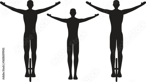 Three black silhouettes of people on unicycles with arms outstretched