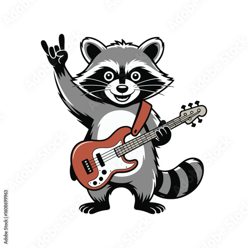 Cool raccoon playing electric guitar with peace sign gesture — rock and roll animal theme. Vector illustration design.