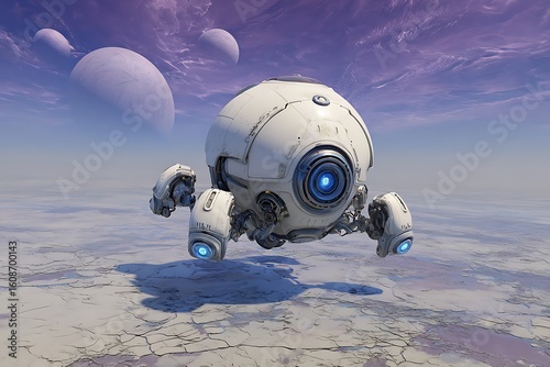 **A Spherical, Ai-Powered Probe Orbiting An Alien Planet With Violet Skies And A Cracked Desert-Like Surface. The Satellite Floats Above The Surface With Thrusters Glowing Blue And Mechanical Arms Fol