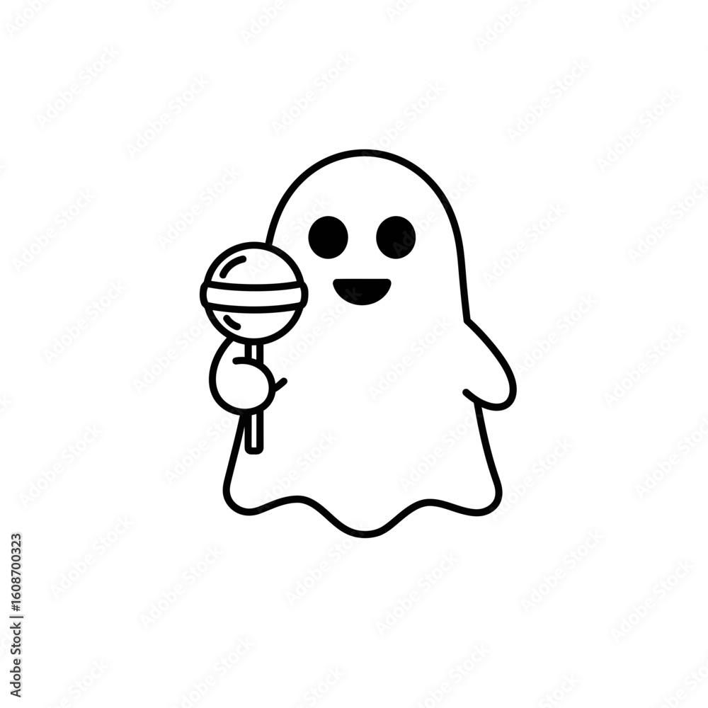 Fototapeta premium Cute ghost holding a lollipop in black and white art silhouette