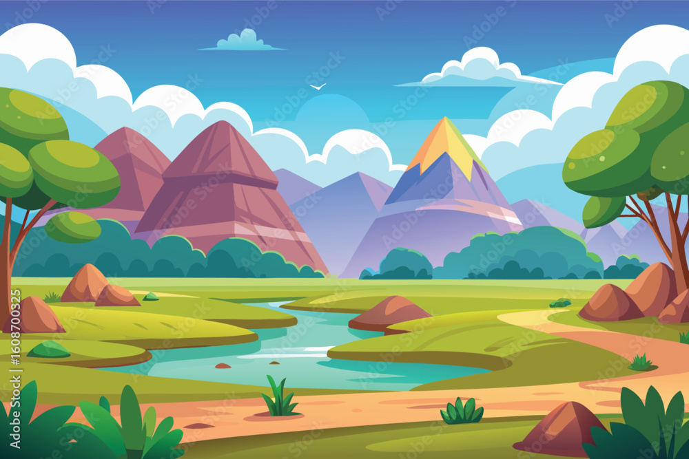 Fototapeta premium Vibrant cartoon landscape with mountains and river