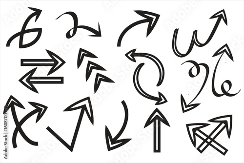 Hand drawn arrow icon set in black line art style with curved, straight, twisted and abstract directions. Perfect for infographic elements, user interface symbols, navigation tools, and graphic design