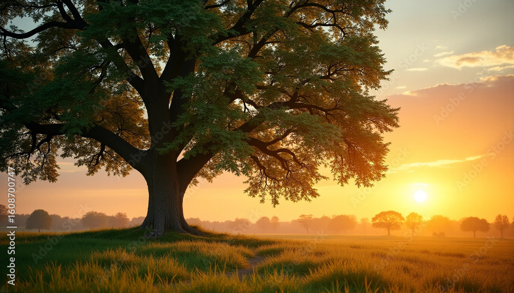 Fototapeta premium Solitary Tree at Golden Sunset: Serene Meadow Nature Silhouette