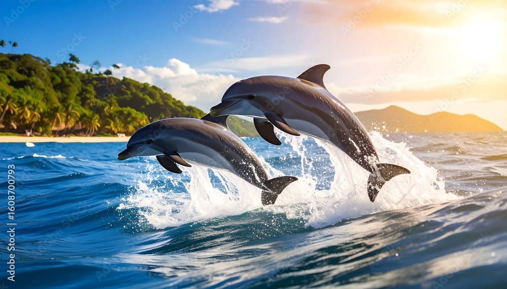 Fototapeta premium Dolphins leaping in ocean waves