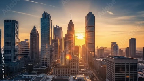 Sunrise Between Modern Skyscrapers in a Calm Urban Morning