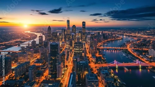 Aerial Sunset Over Futuristic Riverside Cityscape with Illuminated Skyline
