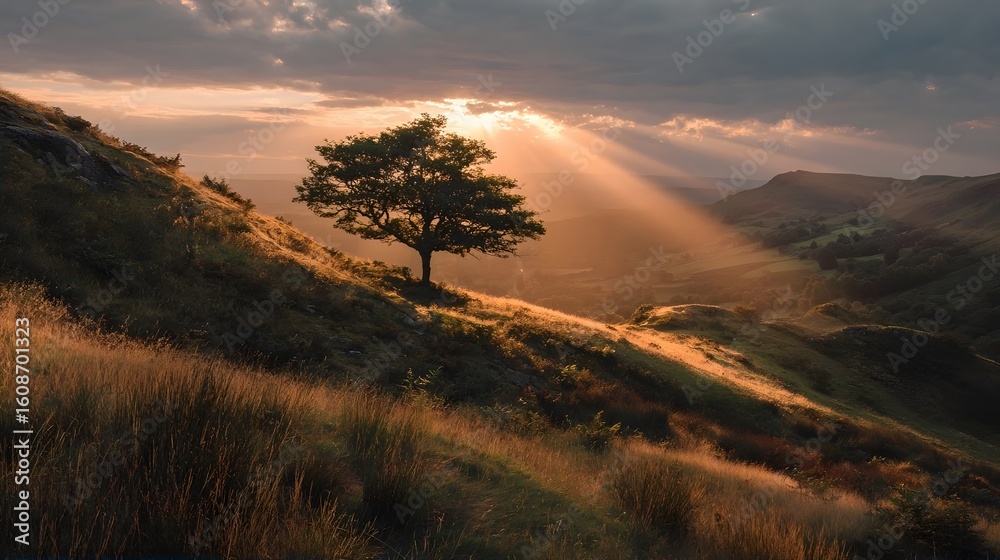 Obraz premium Golden sunlight beams through the clouds, illuminating a solitary tree on a grassy hillside.