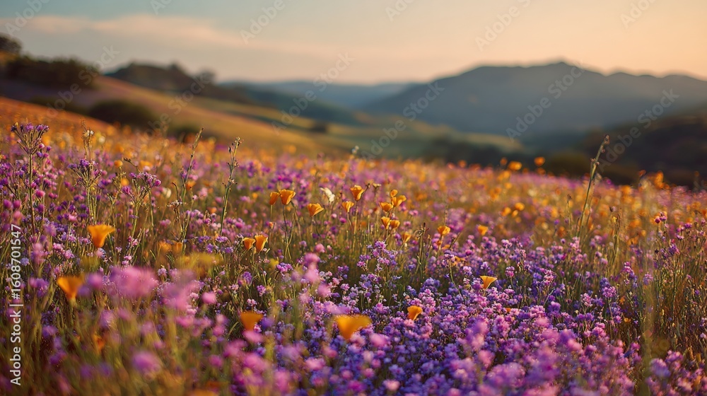 Naklejka premium Mountain landscape with a vast field of wildflowers in full bloom lavender and poppies