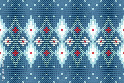 Charming seamless knitting pattern with Nordic-style diamond motifs in soft blue, white, and red tones. Perfect for sweaters, winter crafts, digital textiles, and cozy product designs.