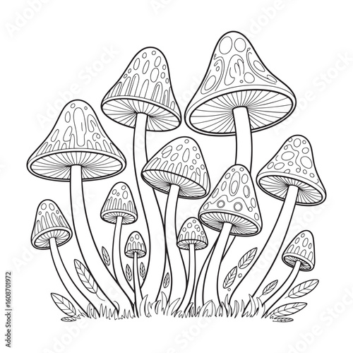 Cluster of mushrooms in hand-drawn monochrome style with line details and forest undergrowth. Vector illustration design.