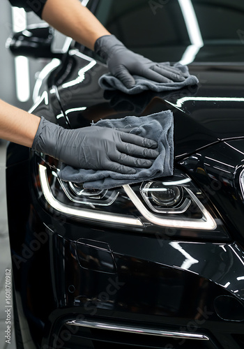 Headlight of dark luxury car cleaned gently with cloth by professional in auto detailing shop