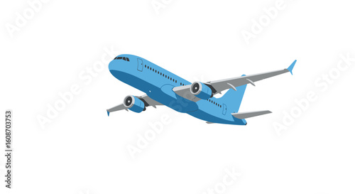 Light Blue Passenger Airplane Ascending with Gray Wings and Tail Fins.