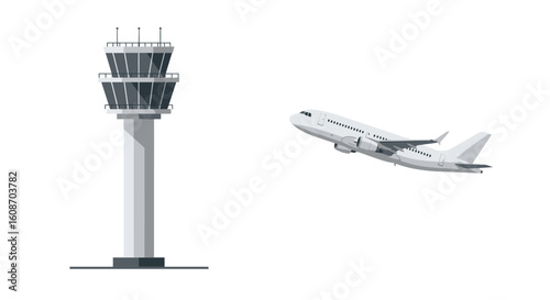 Airport Control Tower with Windows and Antennas Gray and White Color Scheme.