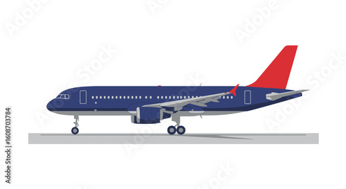 Blue and Red Passenger Airplane on Runway Side View Vector Illustration.