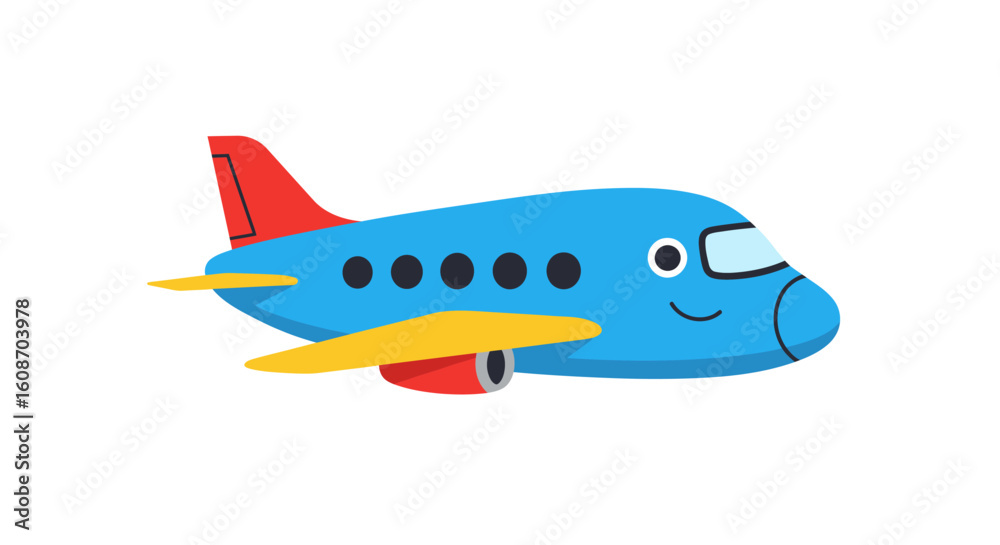 Fototapeta premium Cartoon Airplane with Smiling Face Blue Body and Yellow Wings Illustration.