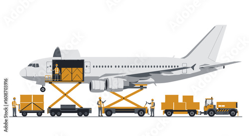 Cargo Plane Loading with Workers and Yellow Boxes Illustration.