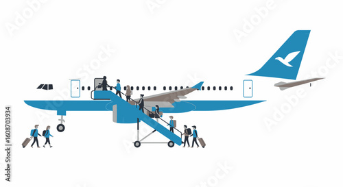 Blue and White Passenger Airplane with Passengers Boarding via Stairs.