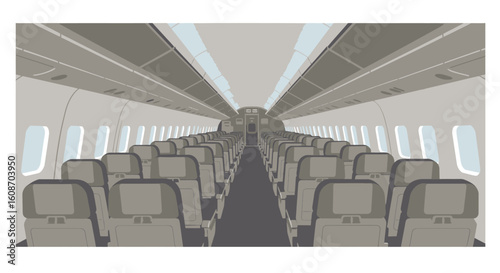 Airplane Interior with Rows of Seats and Windows Neutral Color Palette.