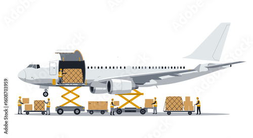 Cargo Plane Loading with Workers and Boxes on Scissor Lifts and Carts.