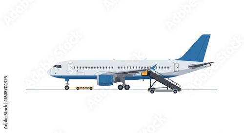 Blue and White Passenger Airplane with Stairs and Ground Support Equipment.