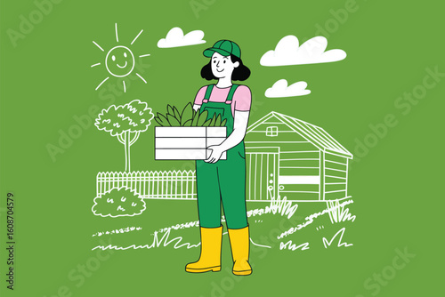 Farmhand's bounty: An illustration showcases a female farmhand, holding a wooden crate filled with freshly harvested vegetables. the sunny ambiance