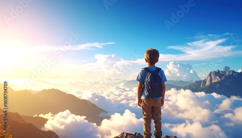 Child standing on mountain peak, looking at cloudscape