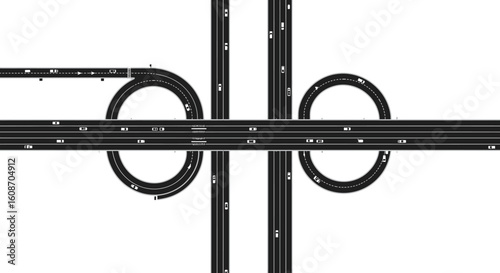 Aerial View of a Cloverleaf Interchange with Cars on Black Asphalt Roads.