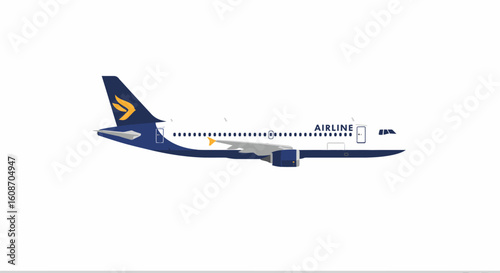 Modern Airplane Illustration with Blue Accents and Stylized Tail Logo.