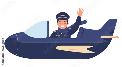 Cheerful Cartoon Pilot Waving from a Blue Airplane Cockpit.