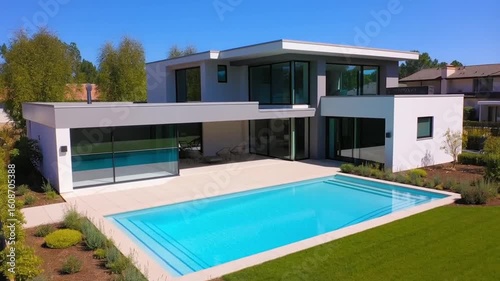 Stunning modern home with sparkling blue pool and lush green lawn on sunny day