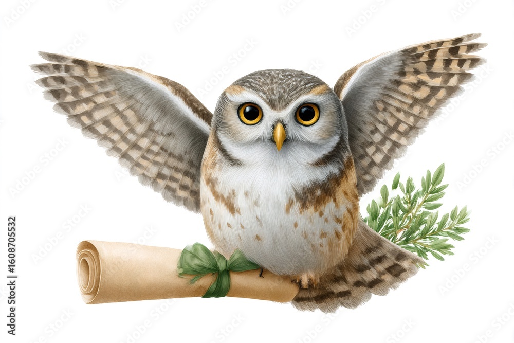 Obraz premium Little owl delivering a message, holding a scroll with green ribbon and open wings