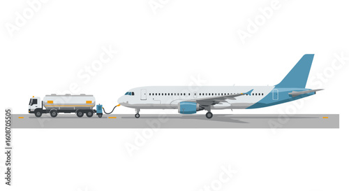 White and Blue Passenger Airplane Being Refueled on the Runway.