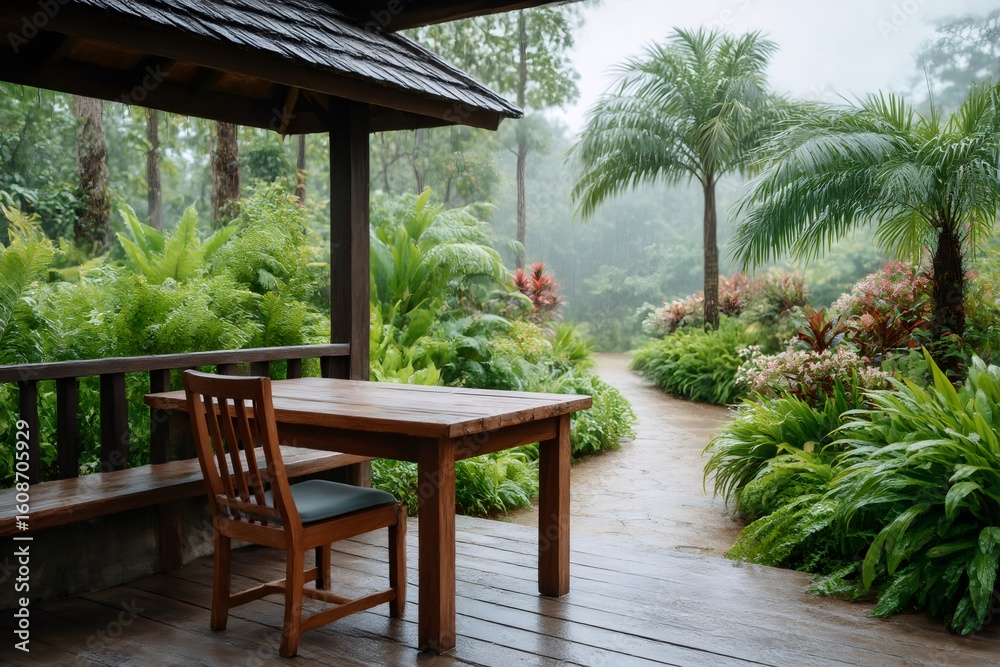 Fototapeta premium Wooden table and chair on a porch overlooking a lush tropical garden during a refreshing rain