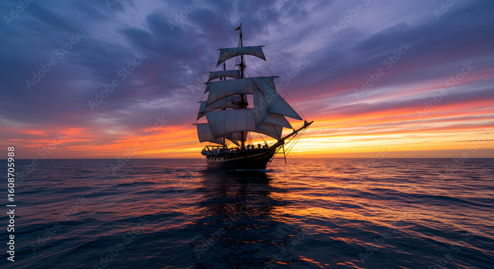Fototapeta premium A tall ship sails on the ocean at sunset, its sails full, silhouetted against a vibrant sky with colorful clouds reflecting on the water's surface.