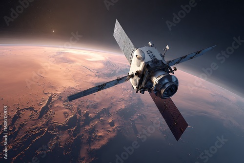 **Cinematic Render Of An Exploration Satellite Orbiting Mars, With The Red Planet’S Surface Sharply Visible Below Showing Vast Canyons, Dust Storms, And Cratered Regions In High Detail. The Satellite 