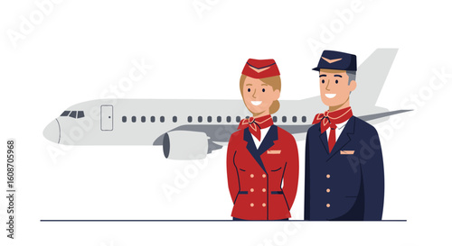 Smiling Flight Attendants in Uniforms with Red Scarves and Hats.