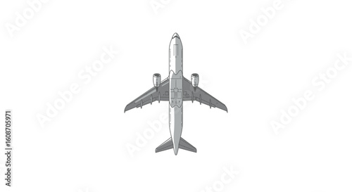 Top-Down View of a Gray Commercial Airplane Illustration with Engine Details.