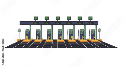 Cartoon Toll Booth Plaza with Multiple Lanes and Payment Stations.