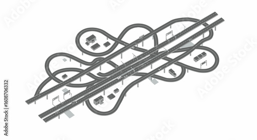 Complex Gray Isometric Highway Interchange with Cars and Buildings Illustration.