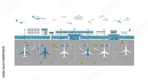 Airport Terminal with Airplanes Ground Vehicles and Modern Architecture Illustration.