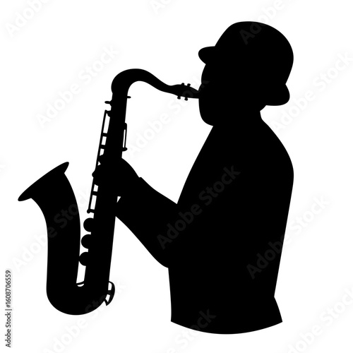 Silhouette of a musician playing the saxophone in a dark and classic style