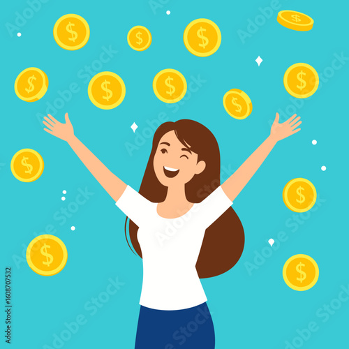 A joyful woman with arms raised celebrates as golden coins rain down around her against a vibrant blue background, symbolizing good fortune and success.