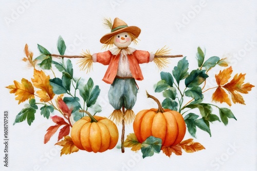 Smiling scarecrow protecting pumpkins and autumn leaves in watercolor