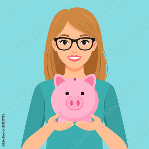 A smiling young woman with glasses holds a pink piggy bank, symbolizing savings and financial planning.